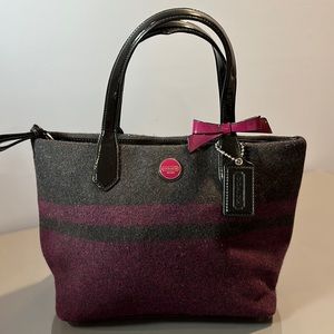 Coach Signature Wool Stripe Black Gray Berry Purple Satchel Bag